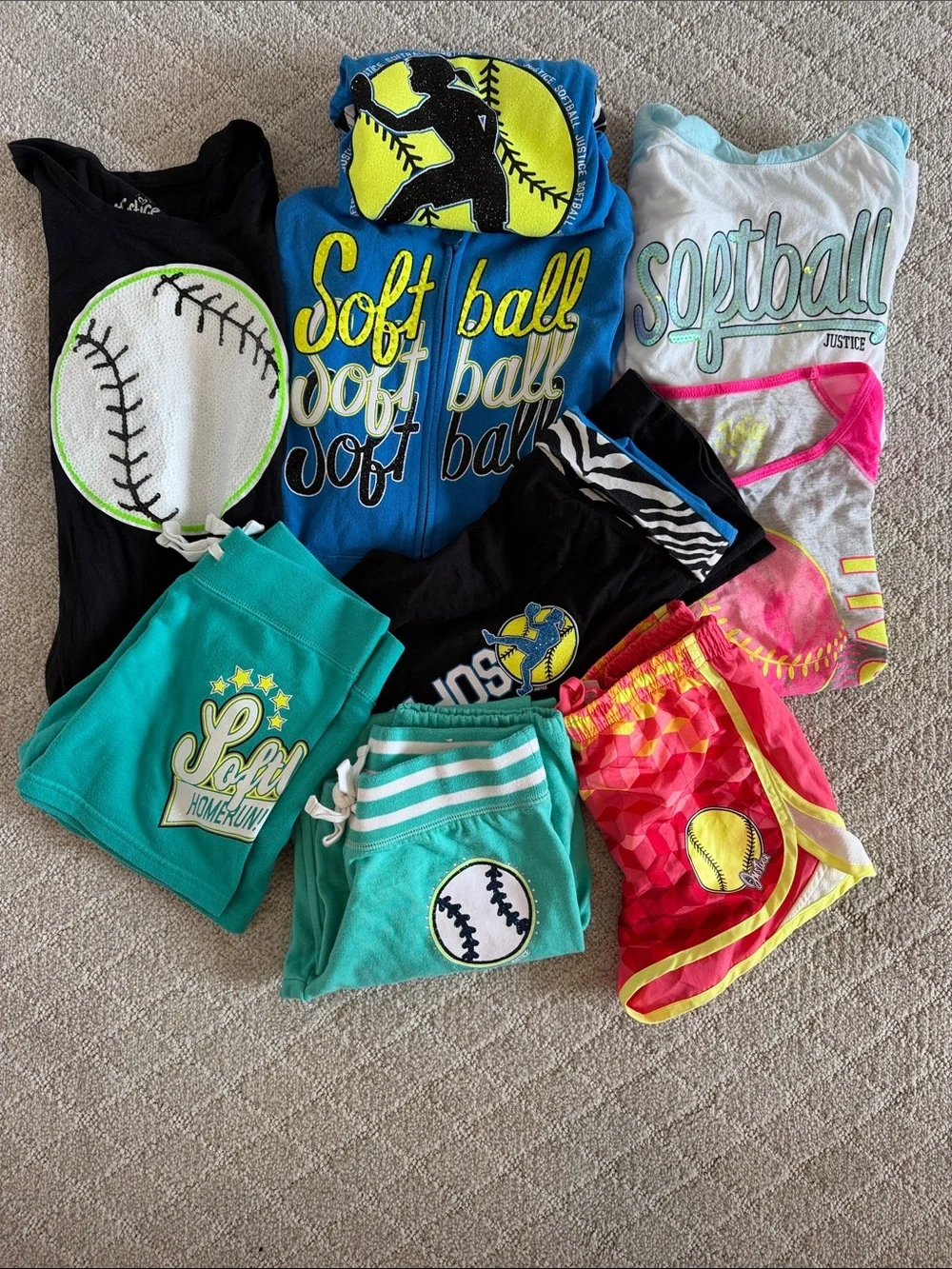 Girls Softball Graphic Tee, Shorts, Sweatpants and Hoodie Bundle